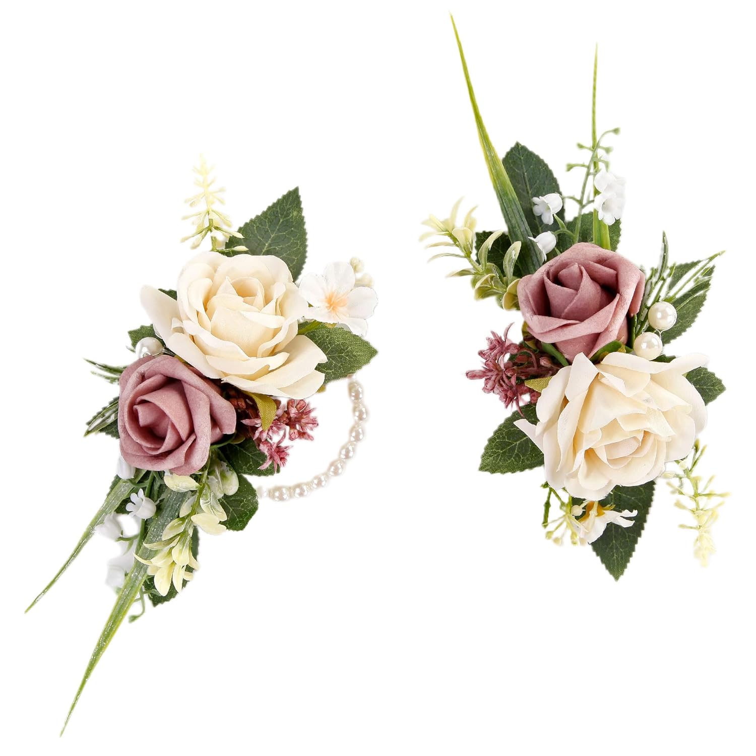 Pink Corsage And Boutonniere Set For Wedding Prom, Artificial Rose Flower Wrist Corsage Bracelets, Homecoming Corsage Wristlet, Boutonniere For Men Wedding Suit Decorations