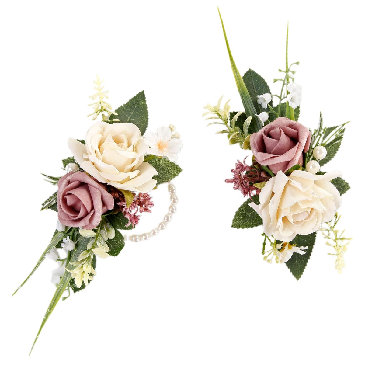 Pink Corsage And Boutonniere Set For Wedding Prom, Artificial Rose Flower Wrist Corsage Bracelets, Homecoming Corsage Wristlet, Boutonniere For Men Wedding Suit Decorations