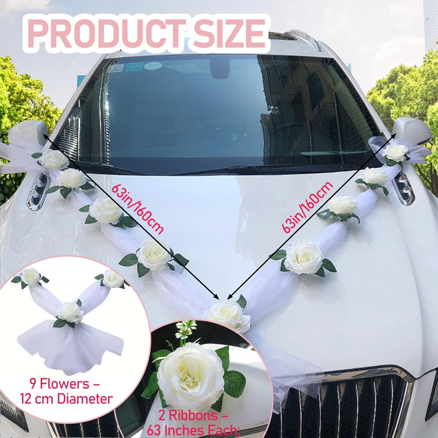 Wedding Car Decorations Kit - Floral Garland, Luxury Bridal Car Decor, Elegant Artificial Flower Bouquet, Wedding Ribbon Bows, Bride Car Accessories For Party Events