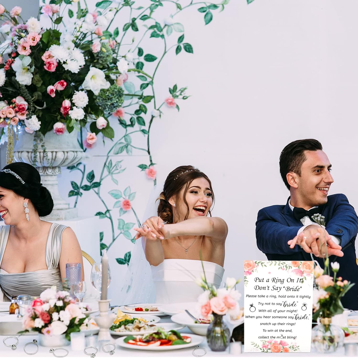 Put A Ring On It Bridal Shower Game With 50 Fake Rings, Rustic Greenery Theme Wedding Shower Games Wedding And Engagement Rings And Not Say Bride Rules Cards(Flowers,Silver)