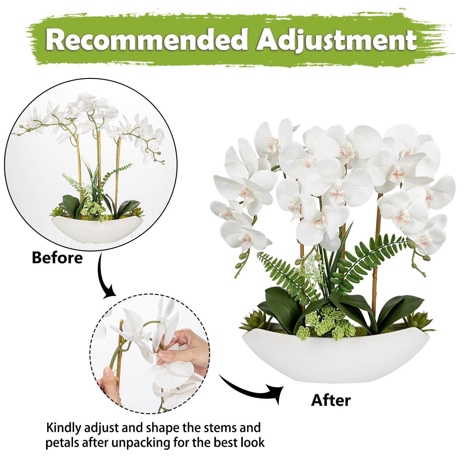 Orchid Artificial Flowers 18In White Fake Orchid Silk Flowers With Ceramic Pot Faux Orchid Arrangement For Home Office Room Coffee Table Centerpiece Modern Decoration