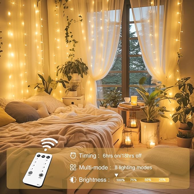 300 LED Curtain Lights Plug In Warm White Fairy String Lights with Remote for Bedroom Wedding Party Backdrop Decor
