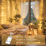 300 LED Curtain Lights Plug In Warm White Fairy String Lights with Remote for Bedroom Wedding Party Backdrop Decor