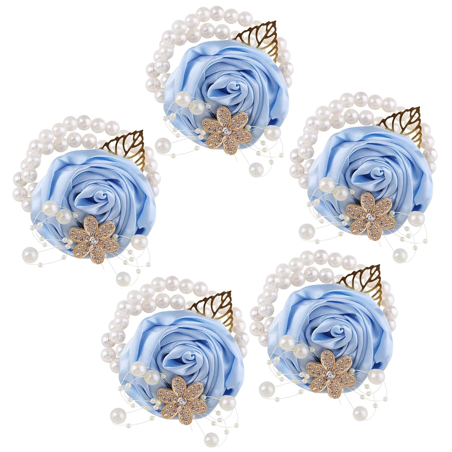 5Pcs Pearl Beaded Satin Wrist Corsage Artificial Flowers, Women Corsages Wristlet Décor For Prom/Wedding/Anniversary, Etc. (Baby Blue)