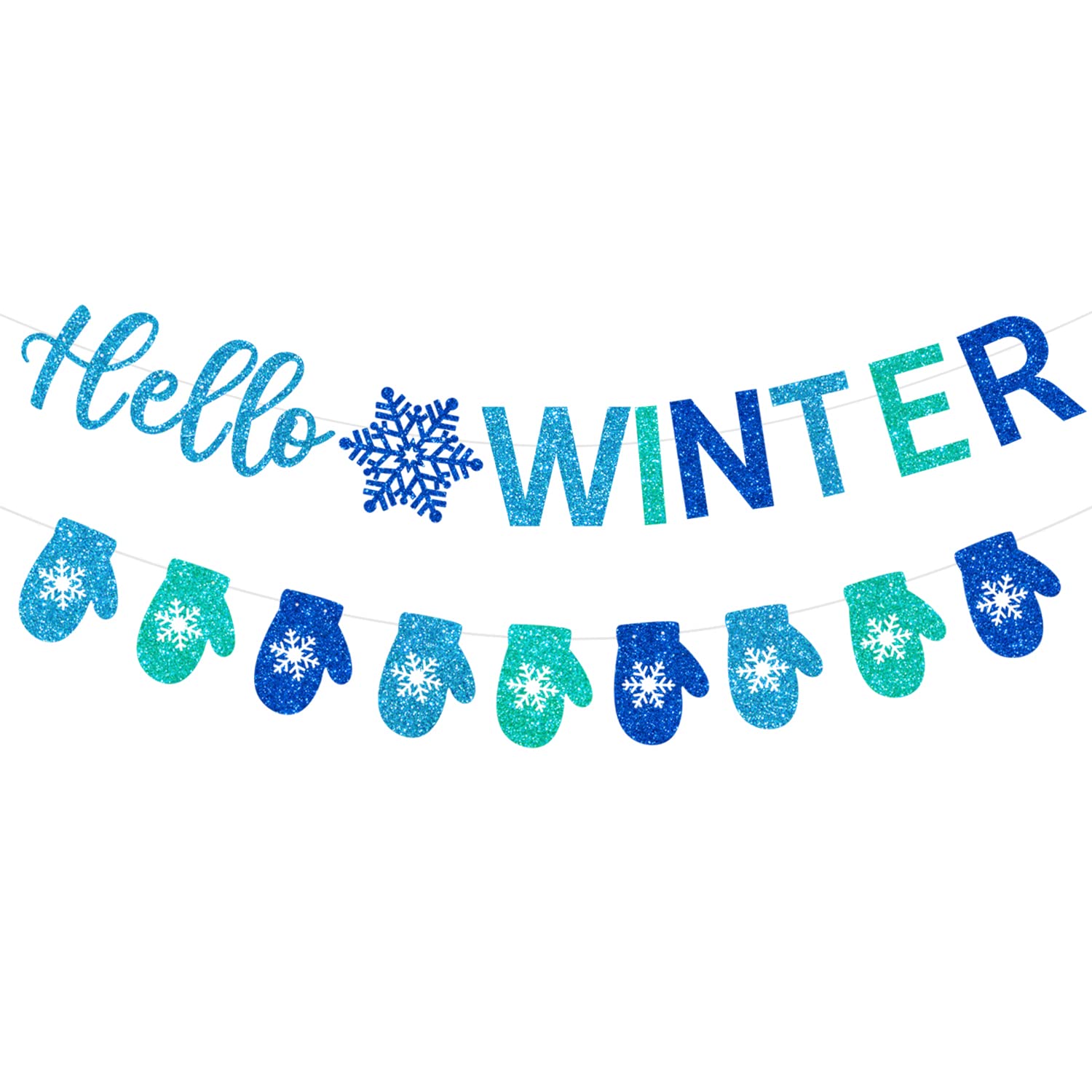 Glitter Hello Winter Banner With Snowflake Signs And Blue Glittery Gloves - Snowflake Garland For Christmas Holiday, Winter Wonderland Birthday, Baby Shower Party Mantle Decorations