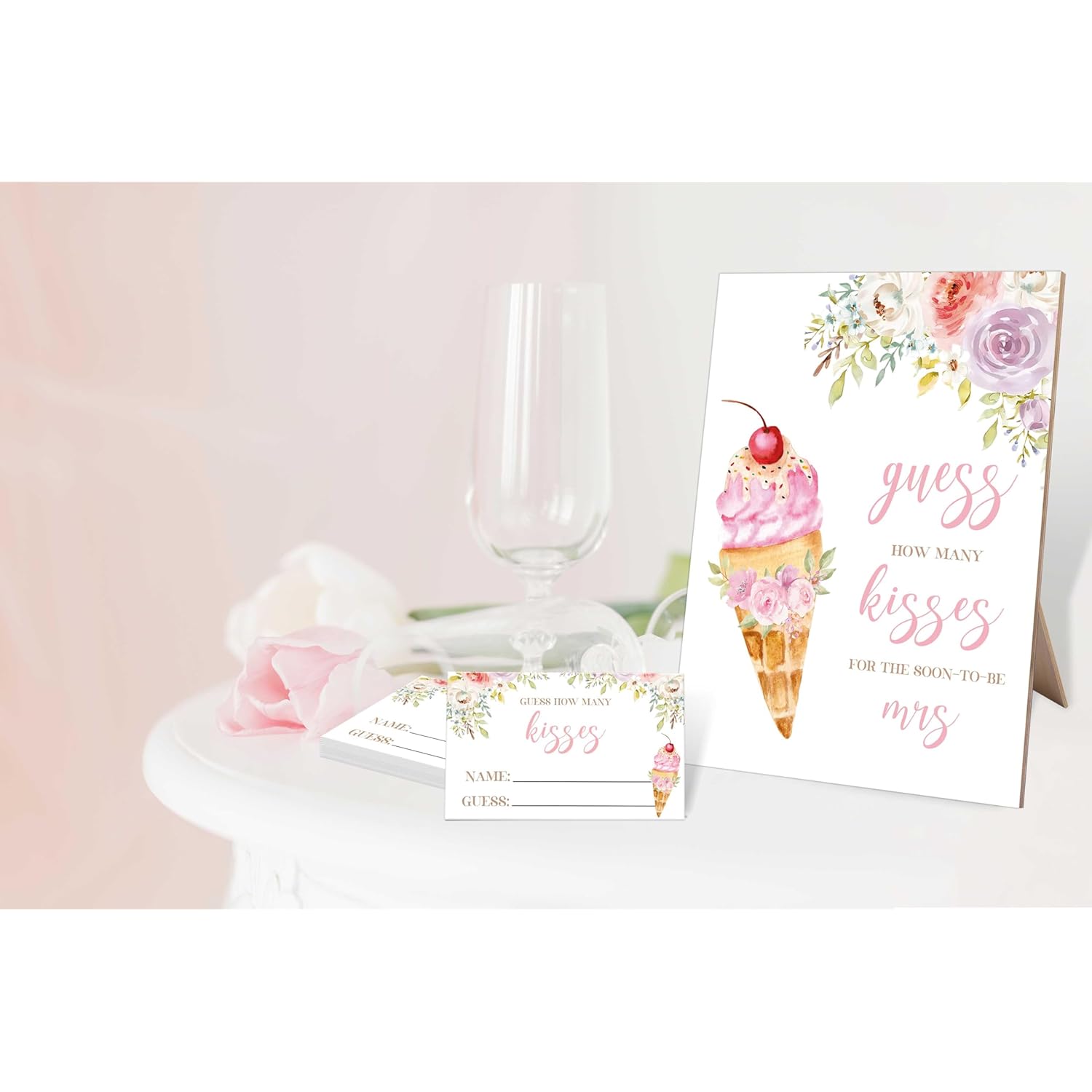 How Many Kisses Bridal Shower Game, 5X8 Pink Ice Cream Sign & 50 Cards, Wedding Decor, Wedding Shower Games For Bridal Shower, Engagement Party, Bachelorette Party Night,3