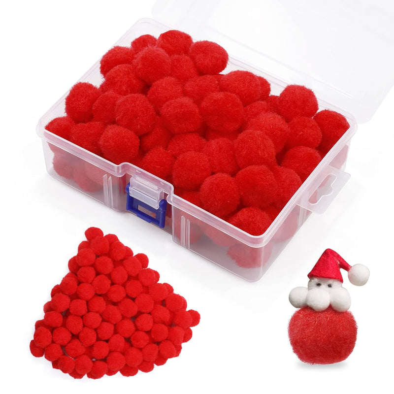 100 Pcs Red Pom Poms 1Inch/2.5Cm, Solid Color Craft Pom Poms Bulk With Storage