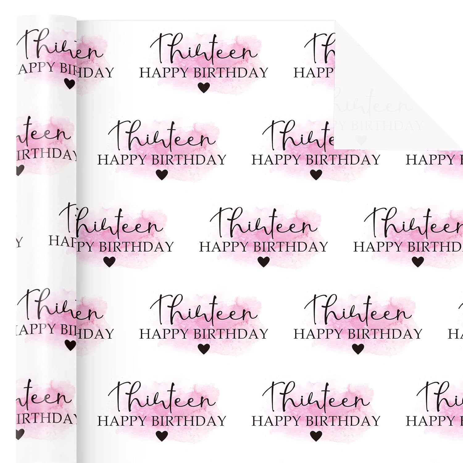 13Th Birthday Wrapping Paper Roll - Mini Roll - 17 Inch X 16.5 Feet - Blusher And Thirteen Happy Birthday Wrapping Paper For Girls Bday, Baby Shower, Party