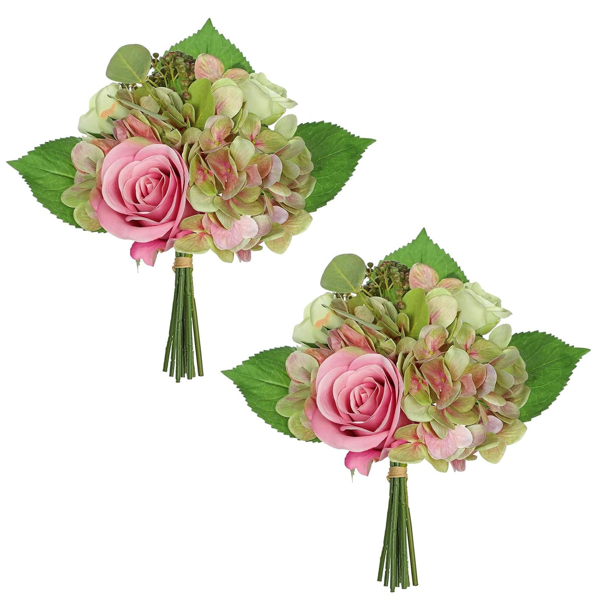 2Pcs Cemetery Flowers For Grave Artificial Hydrangea Bouquet With Fake Roses Flowers Silk Flowers Mixed Bush For Cemetery Grave Party Wedding Floral Arrangements Office Home Decor Green