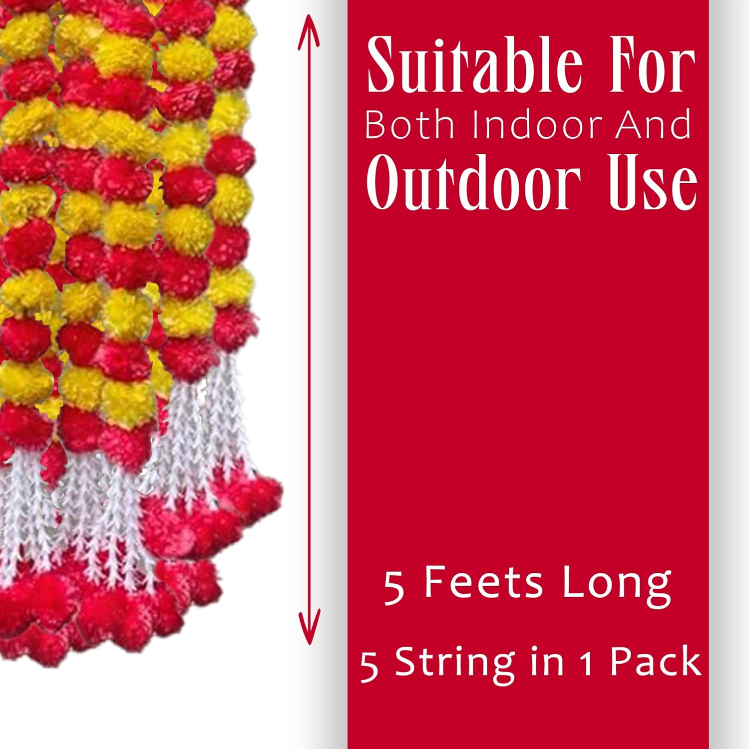 Marigold Garland Diwali Decorations Wedding Decorations Artificial Fake Flowers Fall Strands Garland Christmas Decor, Pack Of 5 Pcs - 5 Feet Each, Yellow Red