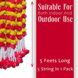 Marigold Garland Diwali Decorations Wedding Decorations Artificial Fake Flowers Fall Strands Garland Christmas Decor, Pack Of 5 Pcs - 5 Feet Each, Yellow Red