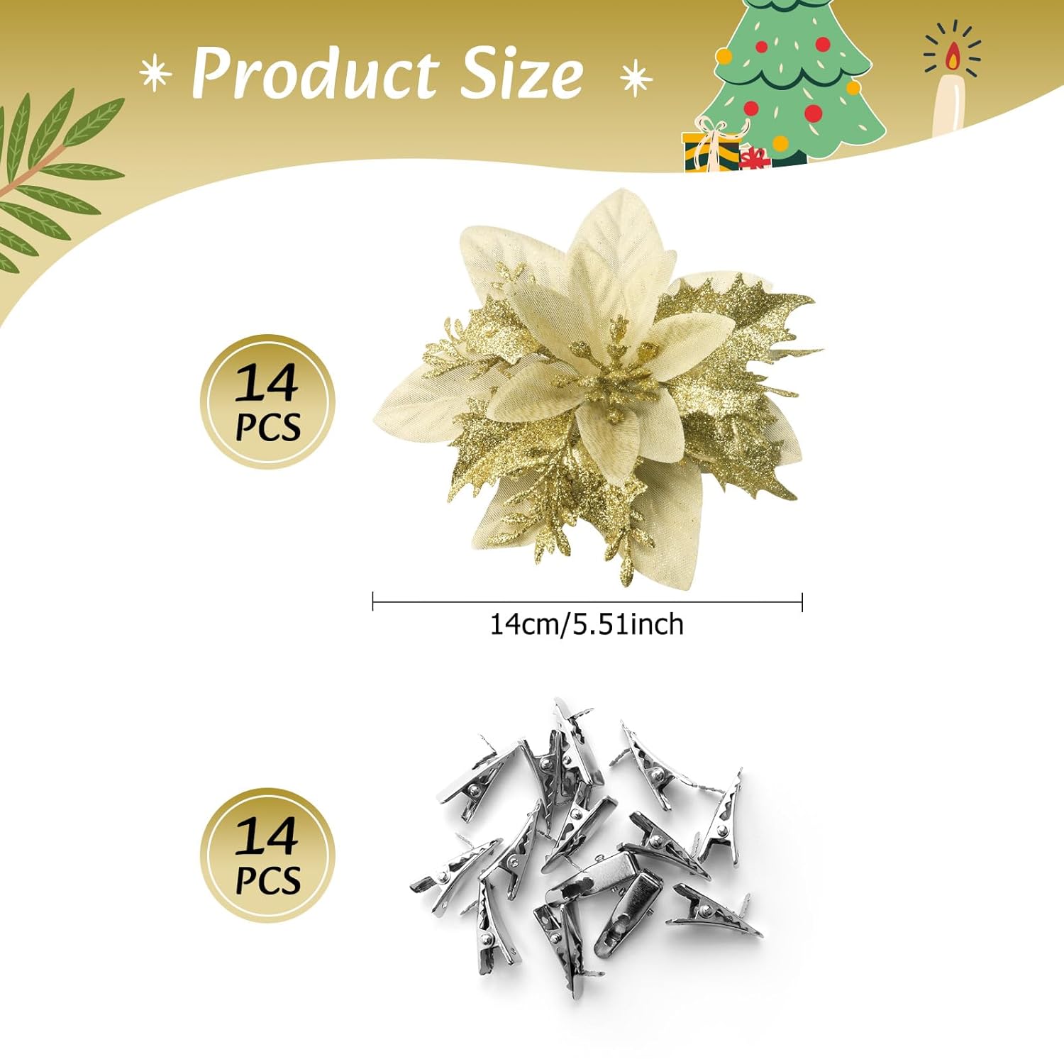 28Pcs Gold Poinsettia Flowers For Christmas Tree,Christmas Flowers Glitter Poinsettia Artificial Flowers Ornaments Christmas Tree Flower Decor With Clips For Xmas Tree Wreath Fireplace Stairs Decor