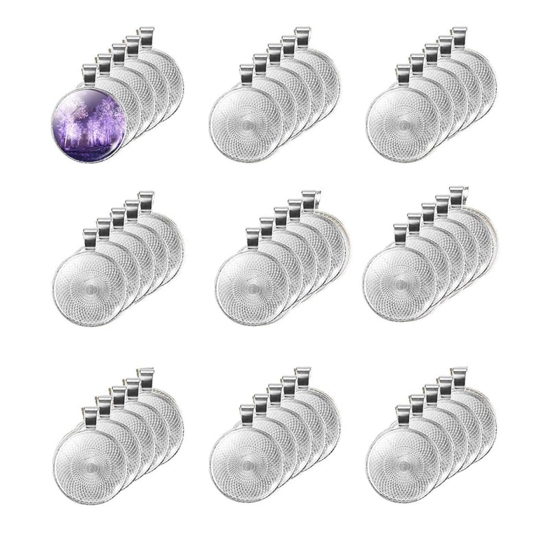 40 Pcs Silver Pendant Trays With 40 Pcs Transparent Glass Cabochons, Round Pen