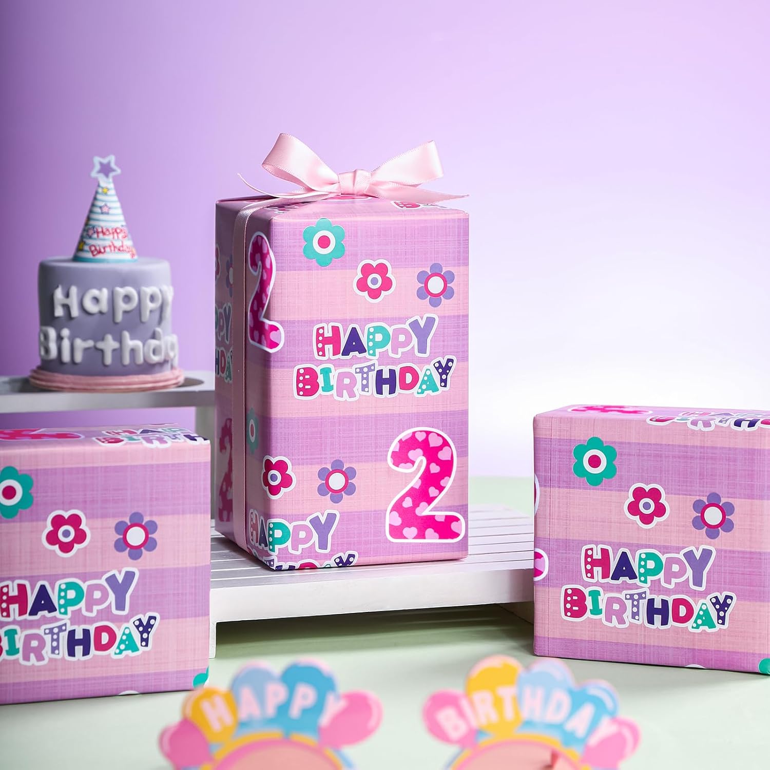 2Nd Birthday Wrapping Paper - Mini Roll - 17 Inch X 9.8 Feet - Pink Floral And Happy Birthday Wrapping Paper For Girls, Baby Shower, Party, Holiday