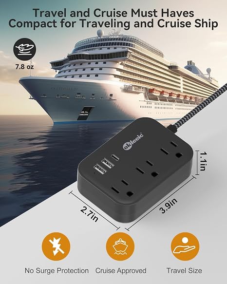 Flat Plug Power Strip USB C 5Ft Cord Cruise Ship Approved No Surge