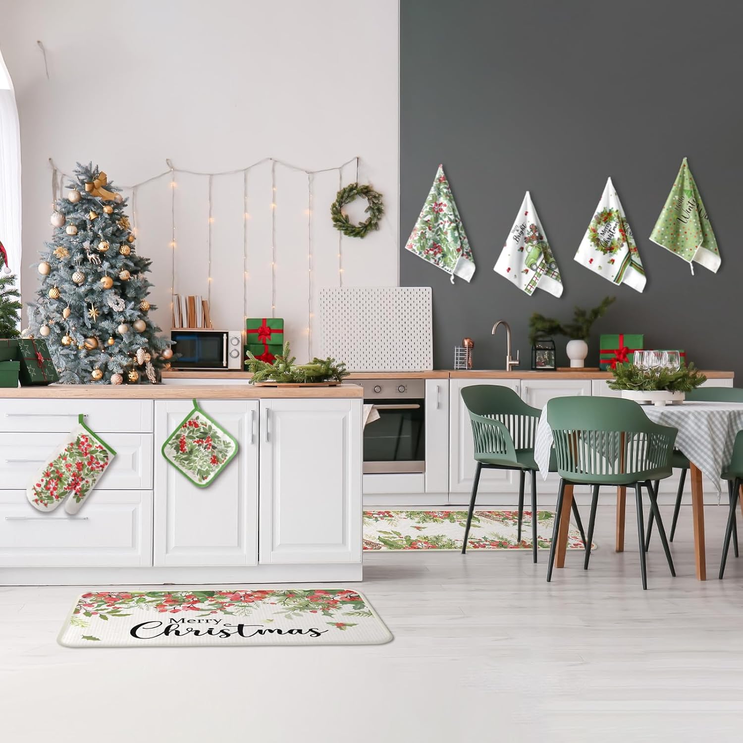 10 Pcs Winter Kitchen Decor Set Kitchen Towels And Rugs Oven Mitts Pot Holders Green Leaf Wreath Towels For Baking Cooking Bbq Gifts Home Decor