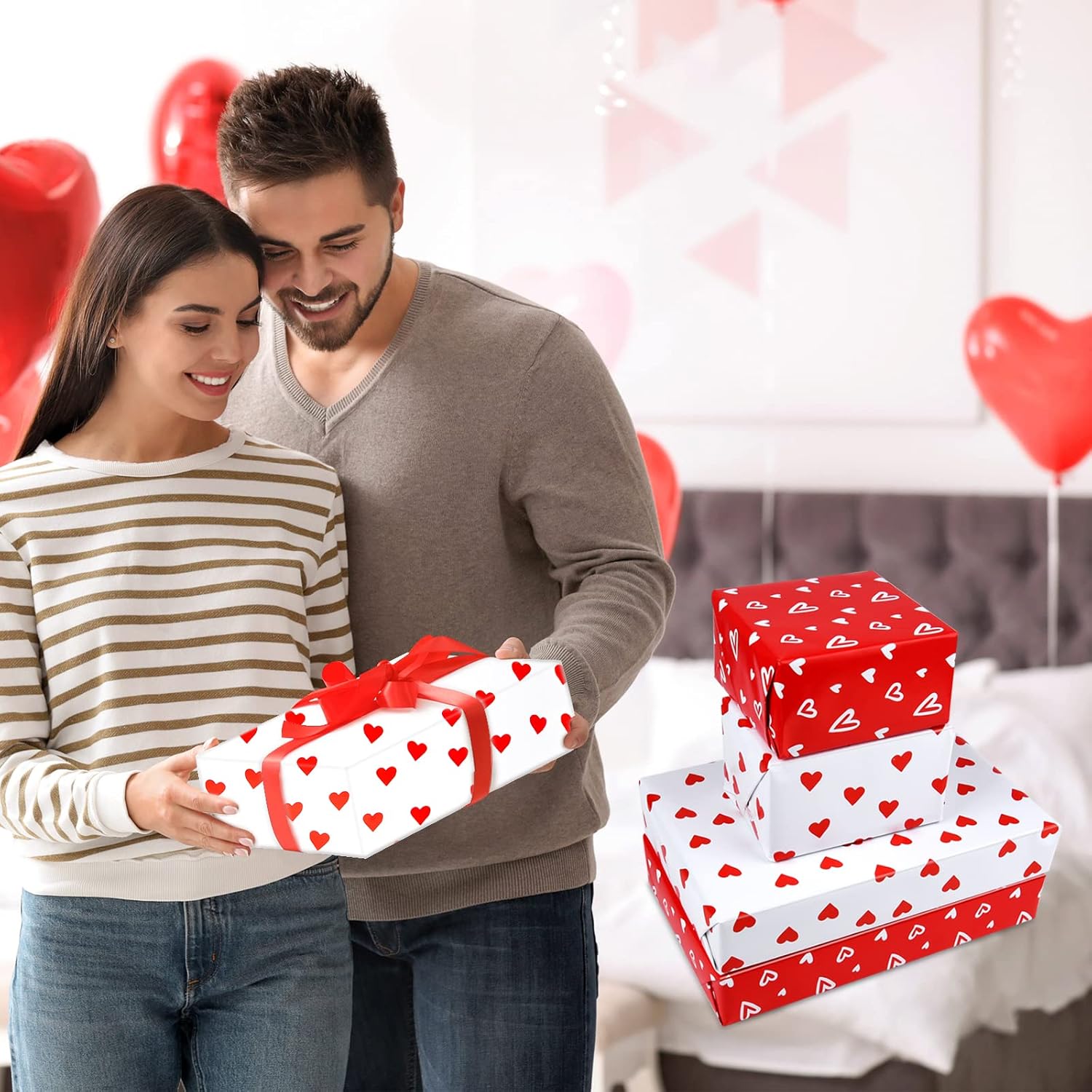 6 Sheets Valentine'S Day Heart Gift Wrapping Paper, White And Red Heart Birthday Wrapping Paper(White And Red)