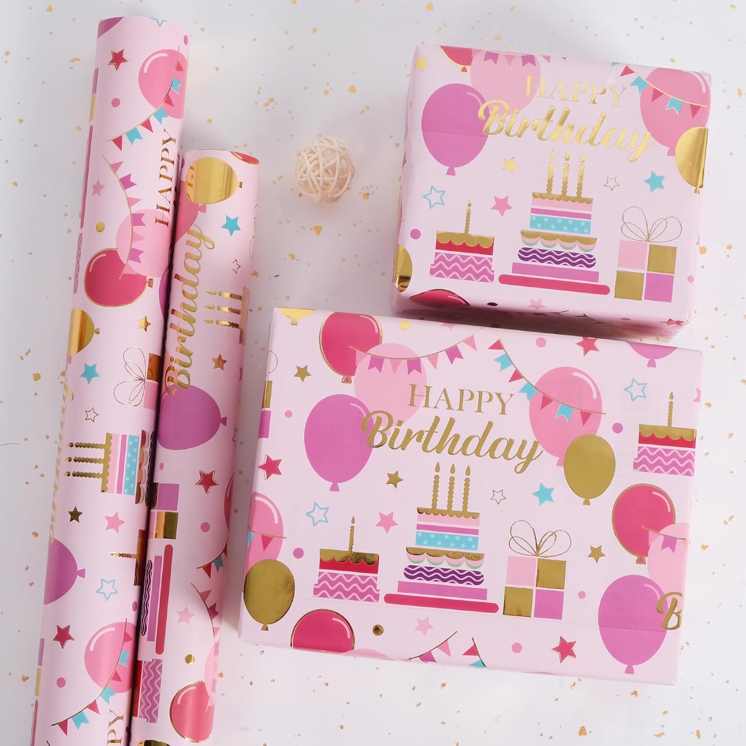 Pink Birthday Wrapping Paper Roll - 17 Inch X 32.8 Feet - Gold Foil Celebration Cake, Balloon, Happy Birthday Lettering Design Gift Wrap For Kids, Baby Showers