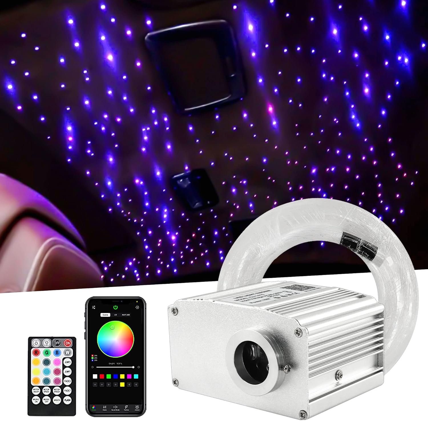 Twinkle Starlight Headliner Kit Mixed 375Pcs 9.8Ft, 10W Fiber Optic Star Lights For Car Roof Use With App/Remote Music Control
