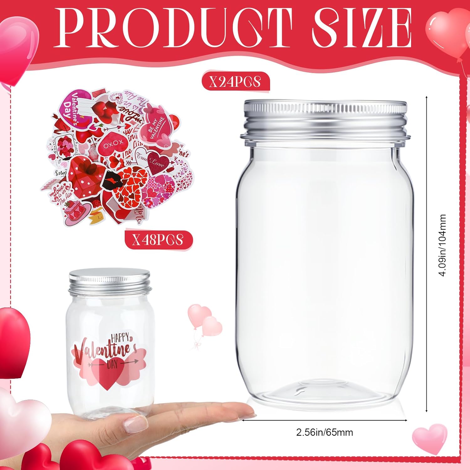 24 Set Valentine'S Day Candy Jars 8.5 Oz Plastic Cookie Jars With Lids Heart Stickers Diy Sugar Storage Containers For Valentine'S Party Gift