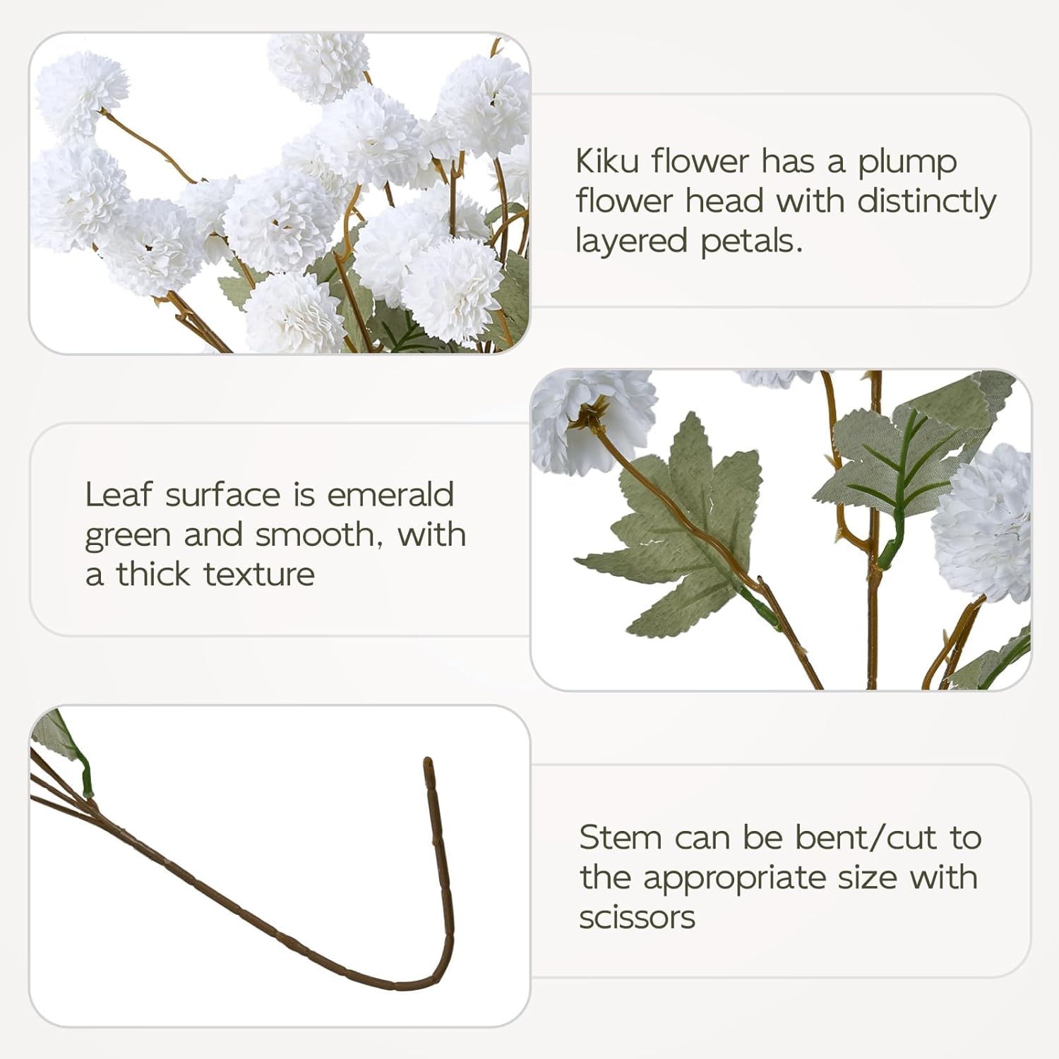 White Faux Kiku Flower,10 Stems Artificial Chrysanthemum Flowers With Eucalyptus, Fake Long Stem Mums Balls Arrangements, Dried Pompom Hydrangea For Vase, Centerpiece?Aesthetic Room Decoration
