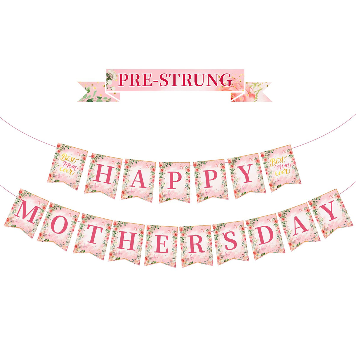Pre-Strung Happy Mothers Day Banner, 2026 Mothers Day Decorations for Party, Pink Best Mom Ever Sign Bunting Banner Garland, Mother's Day Background for Photo Props