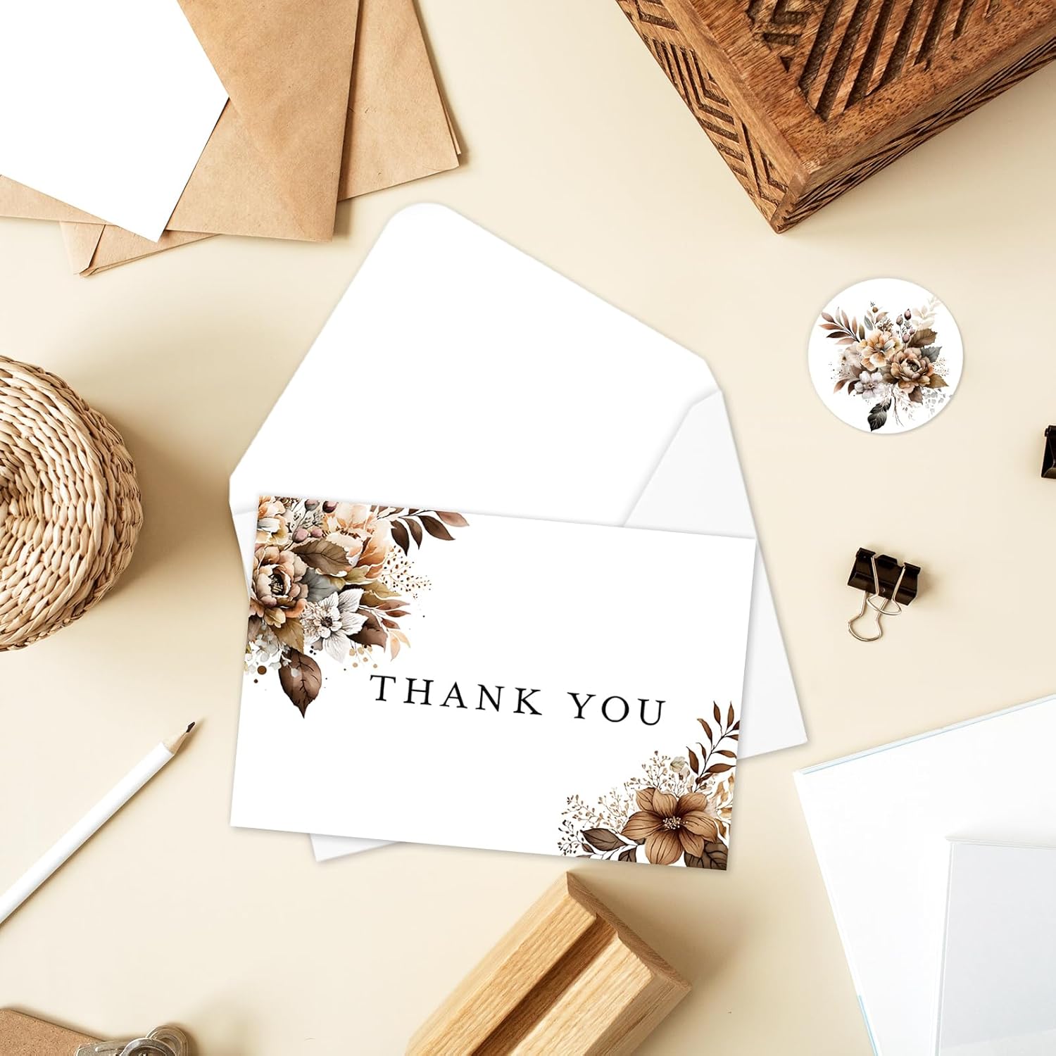 36 Pack Fall Thank You Cards Bulk Vintage Brown Floral Greeting Cards With Envelopes Stickers Retro Flower Leaves Blank Note Cards For Fall Wedding Baby Shower Birthday, 6 Design