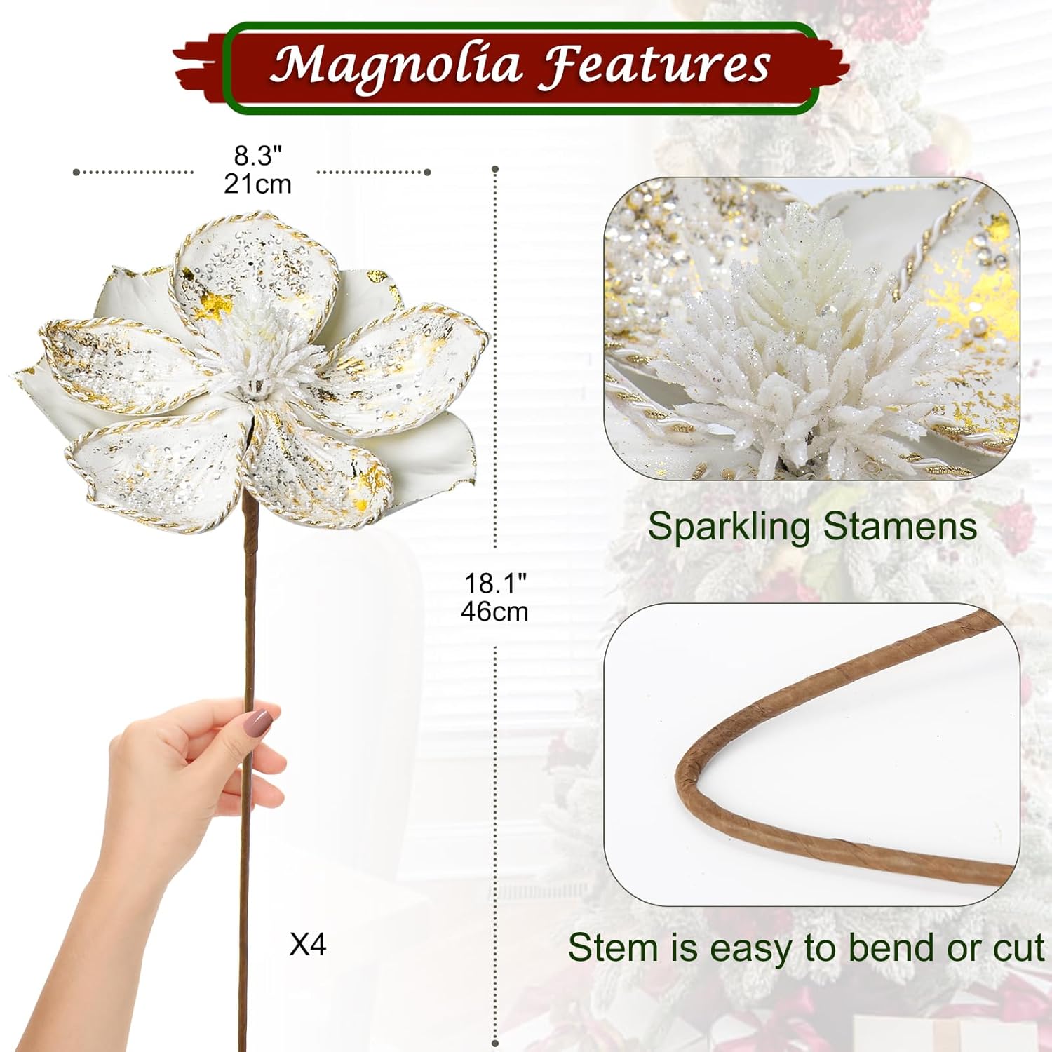 8’’ Large Heads Christmas Glitter Magnolia Flowers Christmas Tree Ornaments Set Of 4 Artificial Flowers With Picks Stems For Xmas Tree Holiday Decorations,White