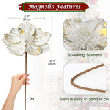 8’’ Large Heads Christmas Glitter Magnolia Flowers Christmas Tree Ornaments Set Of 4 Artificial Flowers With Picks Stems For Xmas Tree Holiday Decorations,White