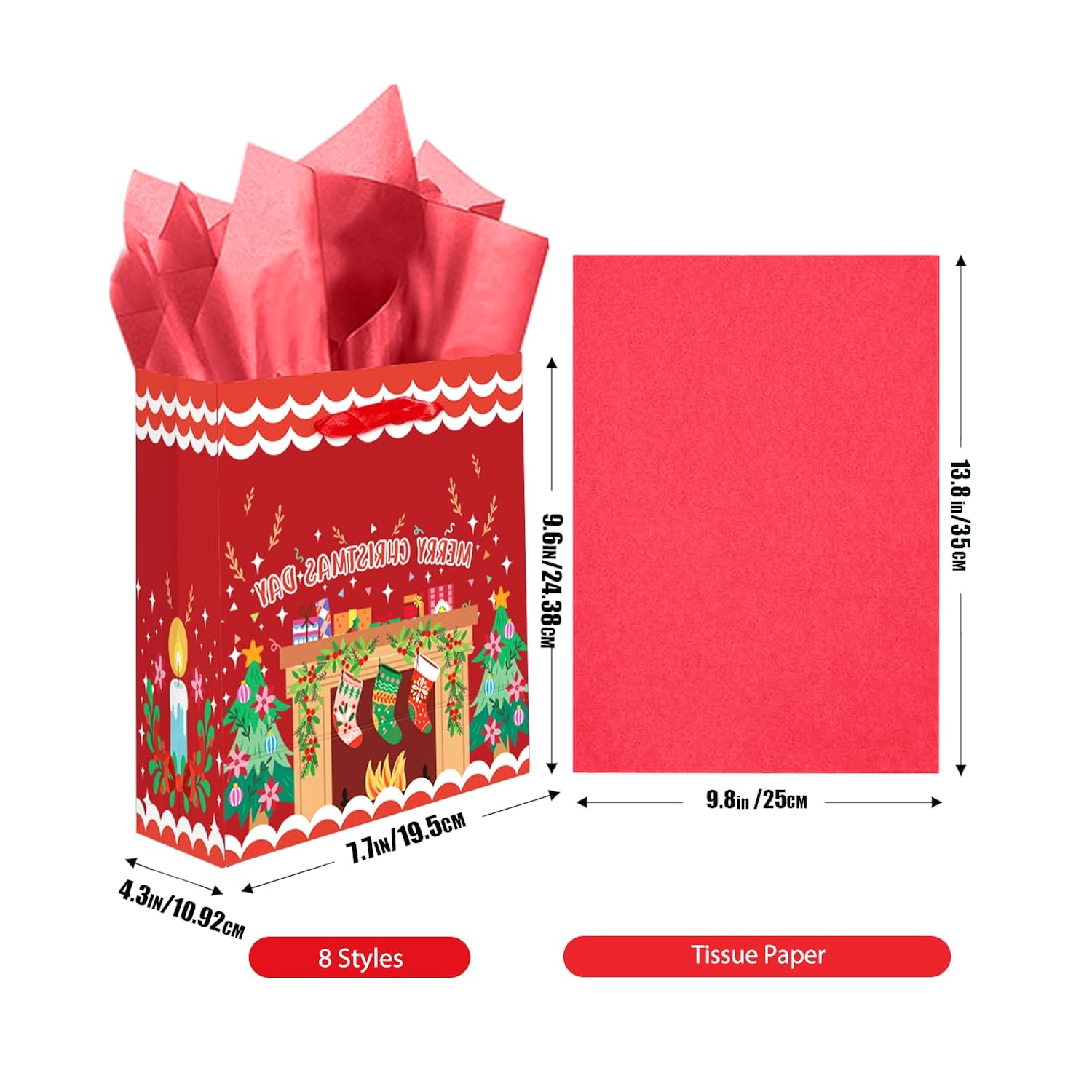 Christmas Gift Bags Set Of 8 - White Bags With Skibobs Design(8Pcs With Different Patterns, 24Pcs Tissue Paper Included, Medium Size 4.3"X 7.7"X 9.6")