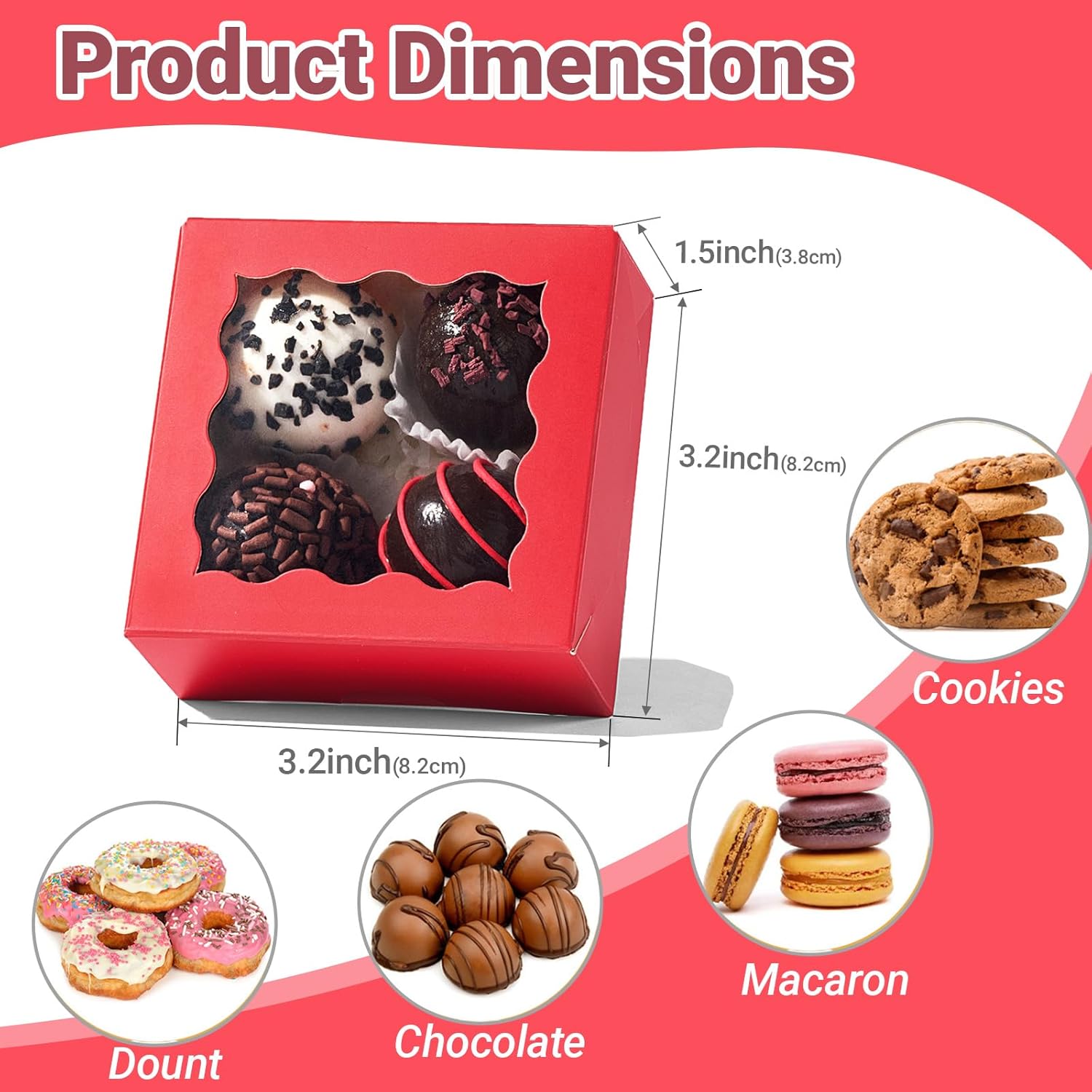 50Pcs 3.25X3.25X1.5 Inches Red Small Bakery Boxes With Window - Cookie Macaron Mini Cake & Truffle Gift Boxes For Christmas Gifts Birthday Wedding Valentine'S Day Party Favors