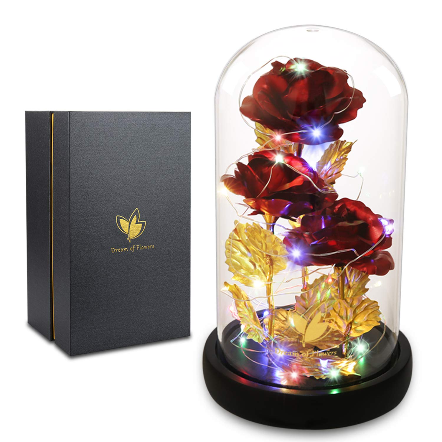 Valentines Day Gifts For Her,Beauty And The Beast Rose Birthday Gift,Galaxy Flower Rose With 2 Light Modes,Colorful Crystal Flower Enchanted Rose In Glass Dome,Womens Gifts For Mom Wife Girlfriend