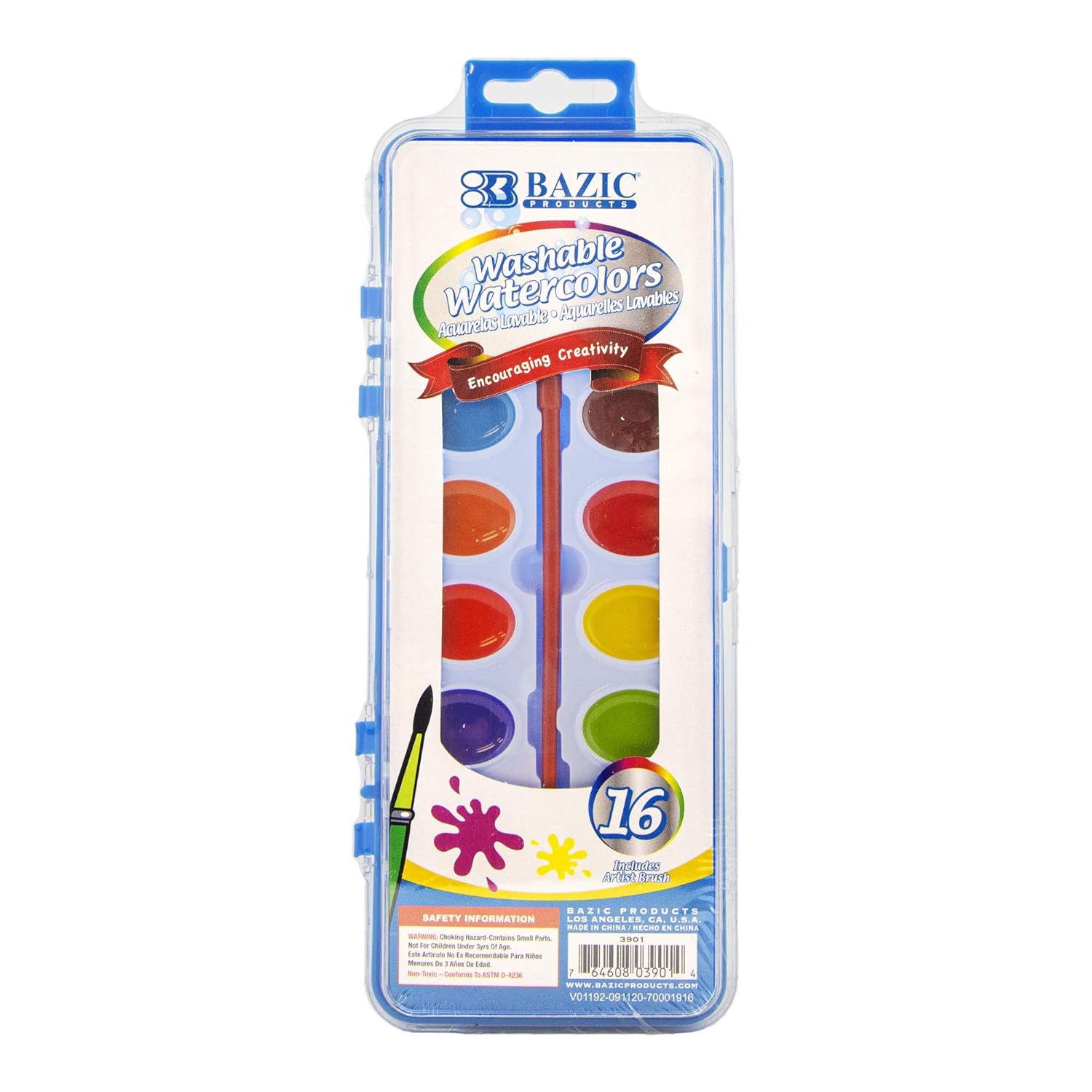 BAZIC Products Watercolor w/Brush Semi Moist 16 Color, Non-Toxic Paint Set, for Kids Hobby Fun Art Supplies Crafts Vibrant Coloring Painting, 1-Pack