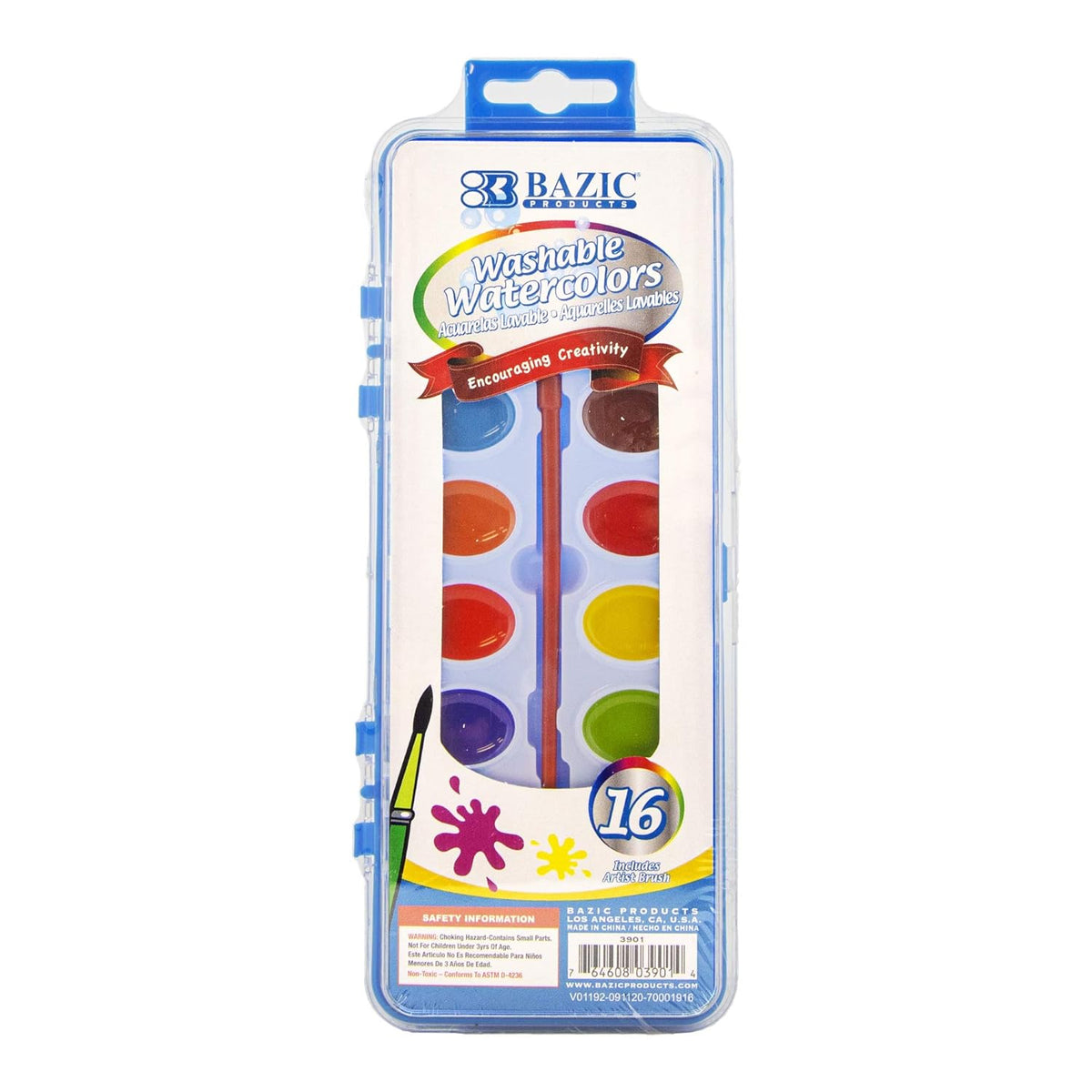 BAZIC Products Watercolor w/Brush Semi Moist 16 Color, Non-Toxic Paint Set, for Kids Hobby Fun Art Supplies Crafts Vibrant Coloring Painting, 1-Pack