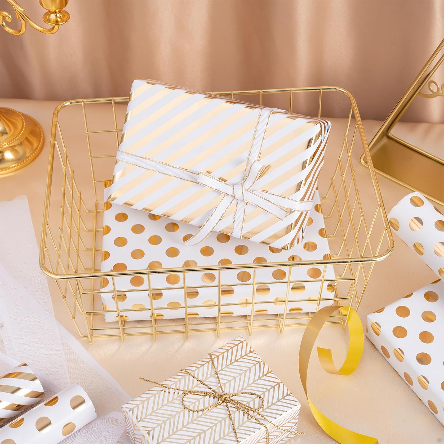 Gold Birthday Wrapping Paper Roll - Mini Roll - 3 Rolls - 17 Inch X 120 Inch Per Roll - Gold Design For Birthday, Baby Shower, Wedding, Party, Holiday