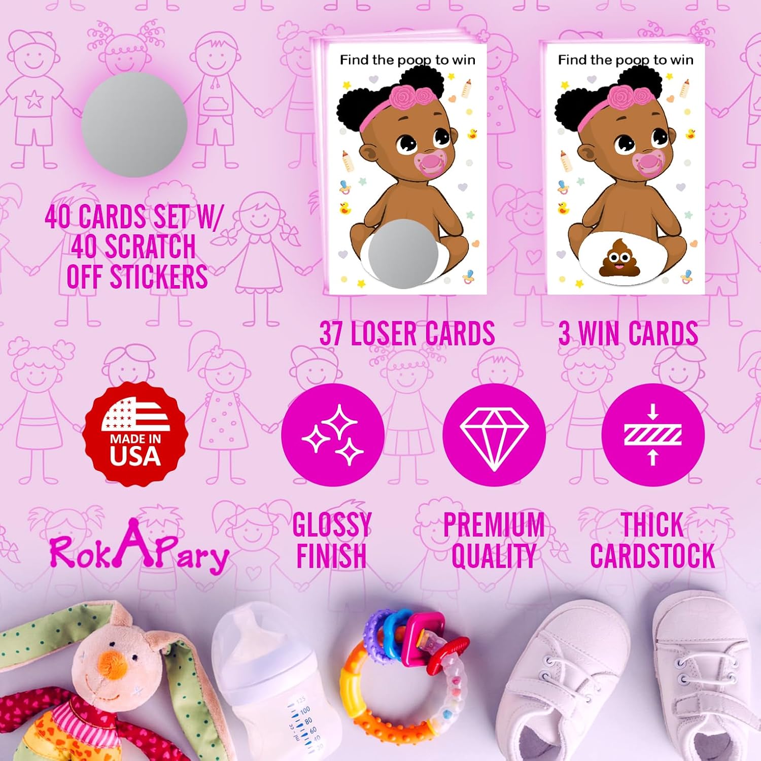 Baby Shower Girl Scratch Off Poop Game, Easy To Play Silly Games, Funny Idea, Ice Breaker Activity. Raffle Cards, Pink Pacifier, African American, Set Of 40 Cards Made In Usa
