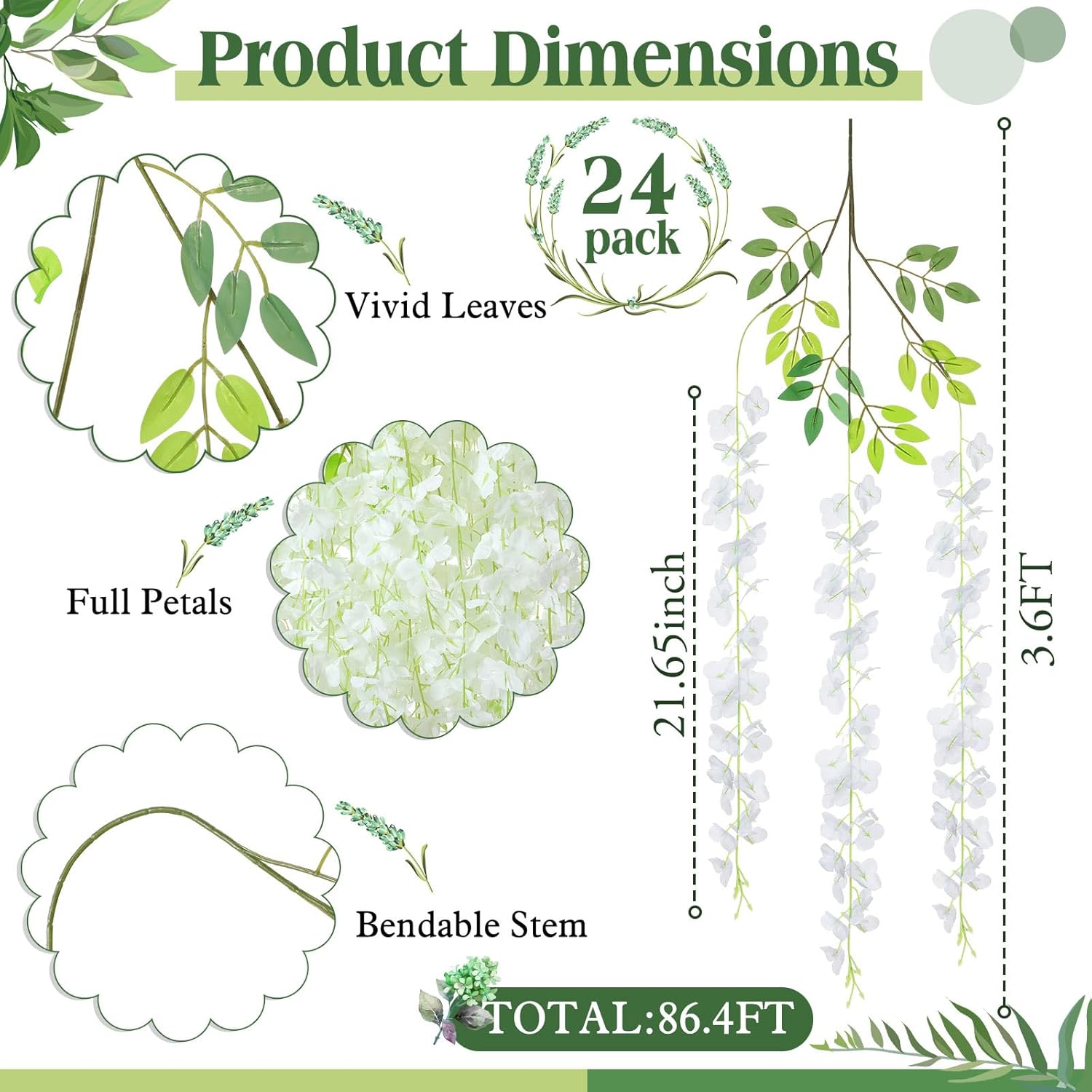 24 Pcs Wisteria Hanging Flowers 3.6 Feet Artificial Fake Wisteria Flower Vine Garland Ratta For Backdrop Wedding Decor Home Party(White)