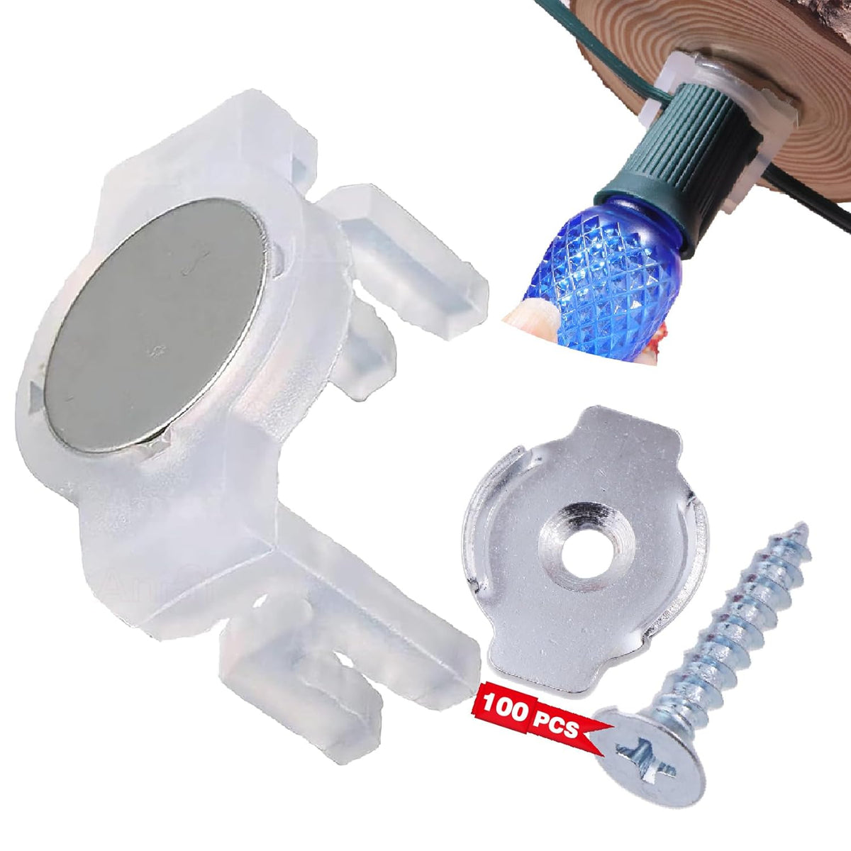 100Pcs Extra Strong Magnetic Christmas Light Clips, With Iron Sheet And Screws To Hold The Magnet Clips For Hanging Christmas Lighting