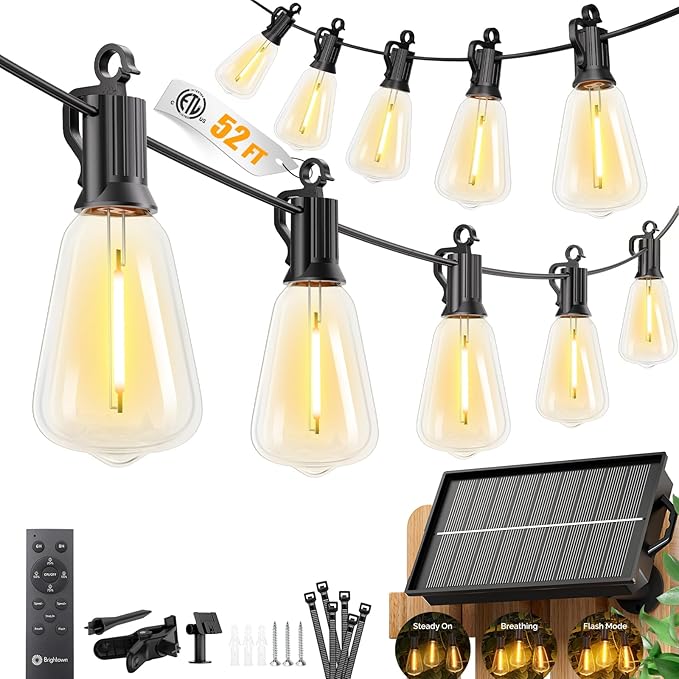 52FT Solar String Lights Waterproof Remote Timer USB & Solar Powered Dimmable Patio Lights