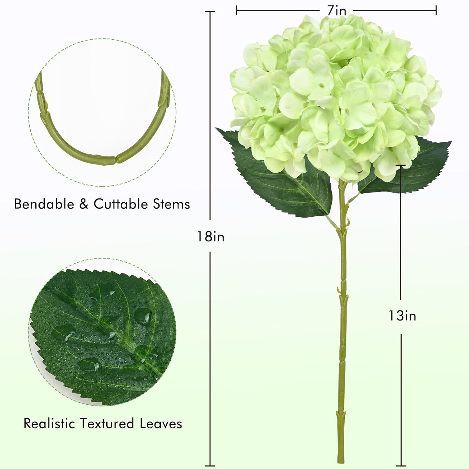 8 Pcs Hydrangea Artificial Flowers With Realistic Stems, 18In Large Fake Flowers, Faux Flower For Home Party Decor Outdoor Wedding Bouquets Table Centerpieces Decoration,White Green