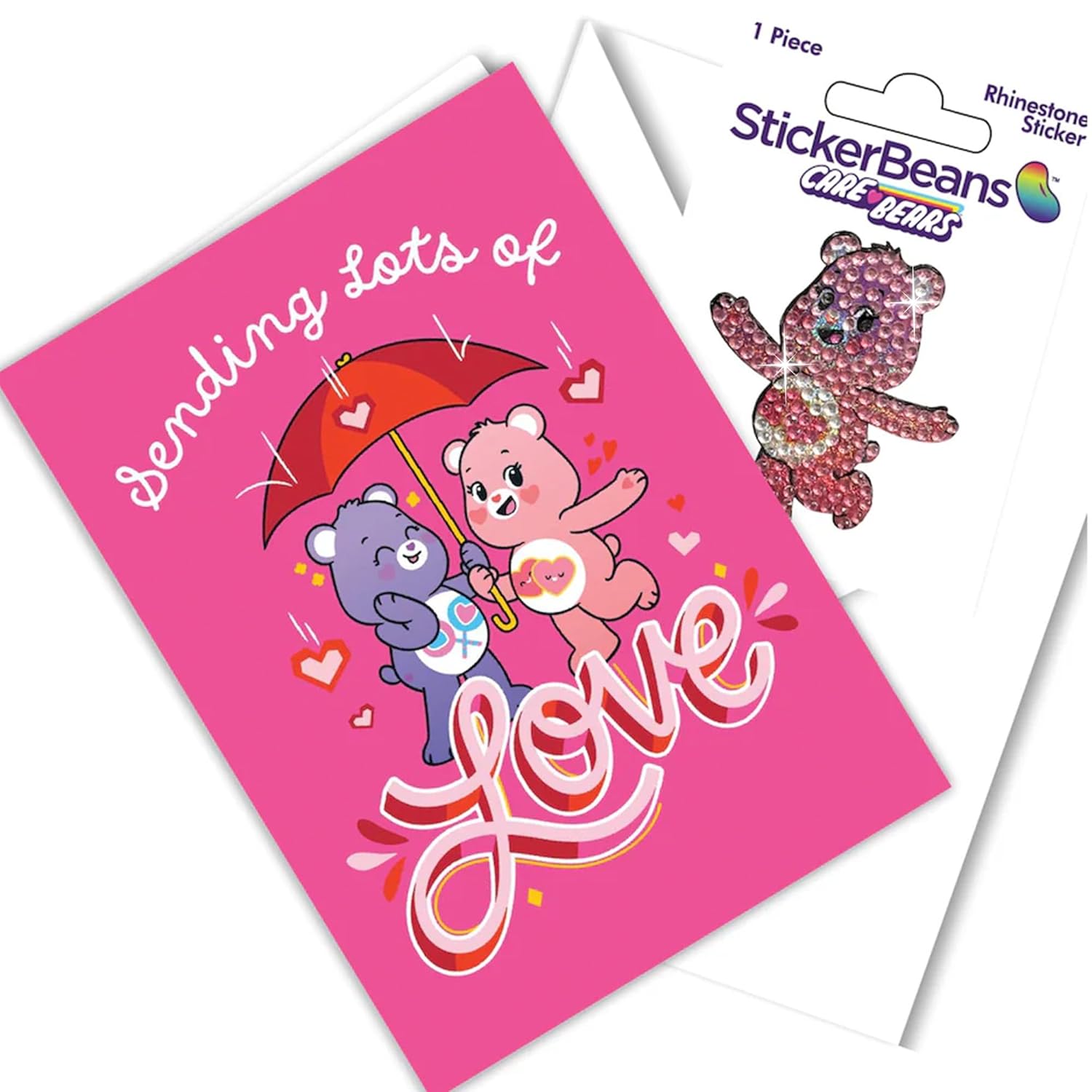 “Lots Of Love” Care Bears Greeting Card With Collectable Rhinestone Sticker – 5” X 7” Blank Card + 2” X 2” Sticker – For Birthdays, Valentines, Encouragement, Or Just Because