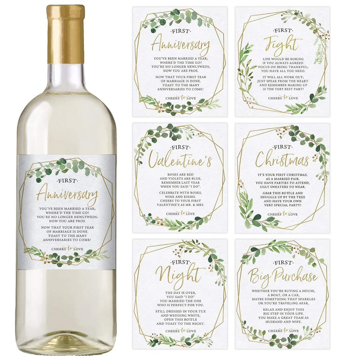 Marriage Milestones, Greenery Wedding Firsts, 6 Wine Bottle Labels