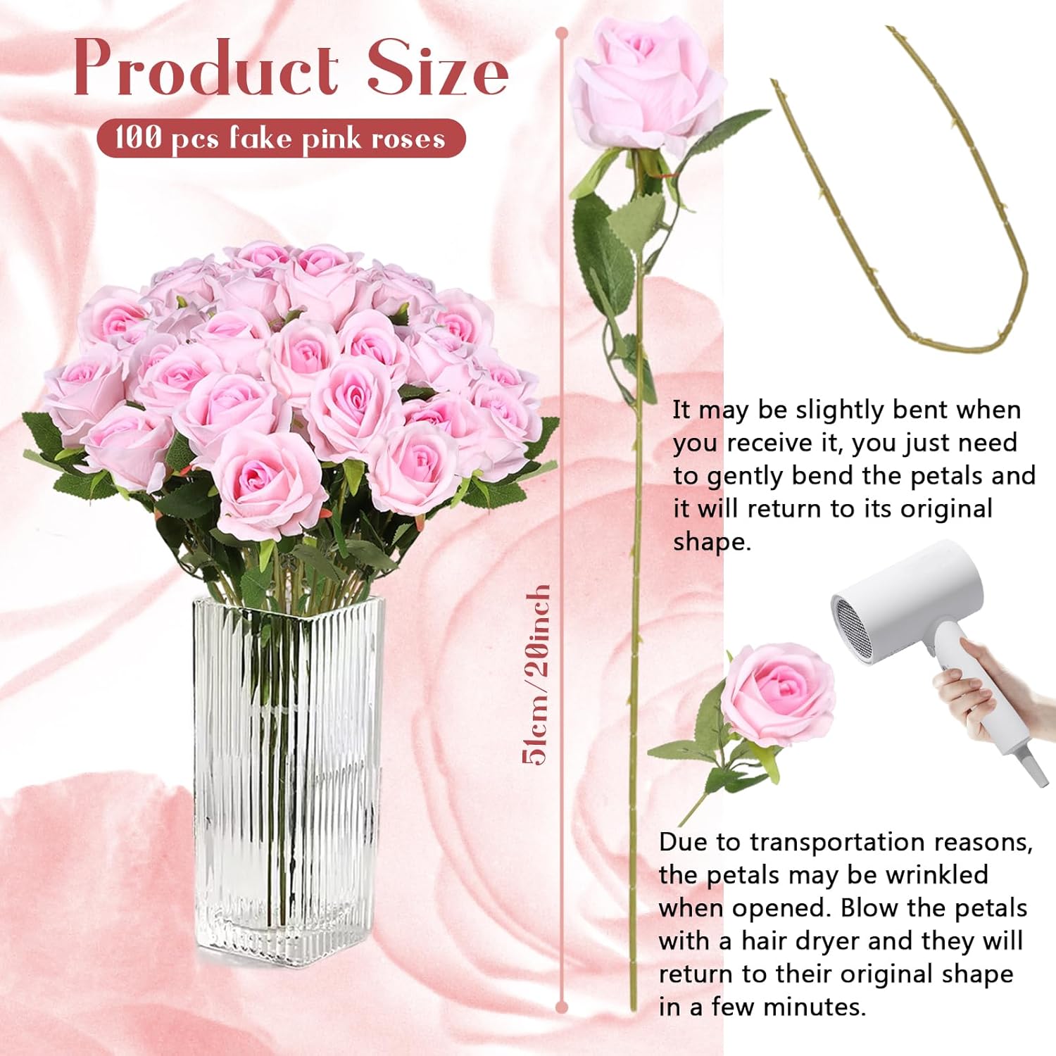 50 Pcs Artificial Silk Roses Flowers Bulk Realistic Long Stem Faux Flower Bouquet For Wedding Centerpieces, Valentine'S Day Decor, Home Arrangements, Table Decorations(Pink)