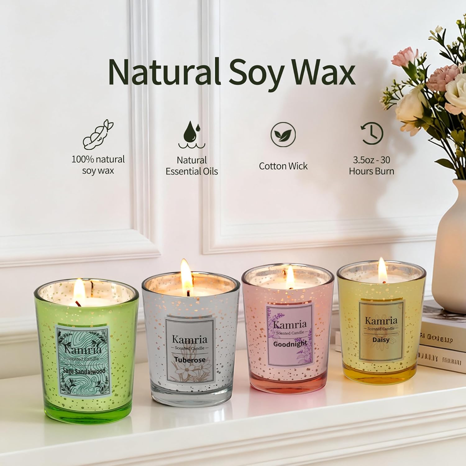 Scented Candles,4 Pack Soy Jar Candle Set Mercury Glass Votive Candle Gifts For Women Men,Aromatherapy Soy Wax Candles For Home