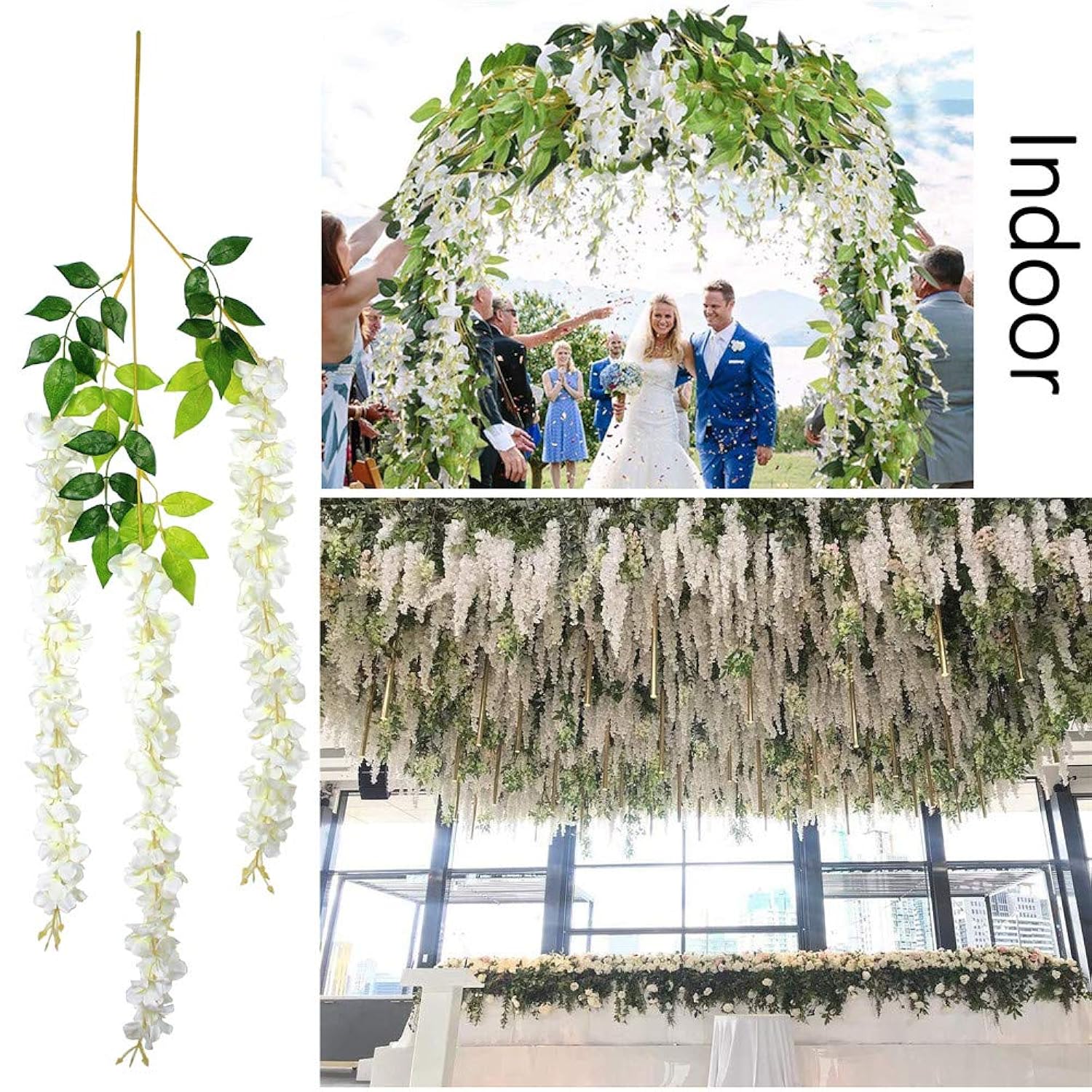 12Pcs Artificial Wisteria Flowers 3.6 Feet/Piece White Dense Artificial Fake Wisteria Vine Ratta Hanging Garland Silk Flowers String Home Party Wedding Decor(White-Dense)