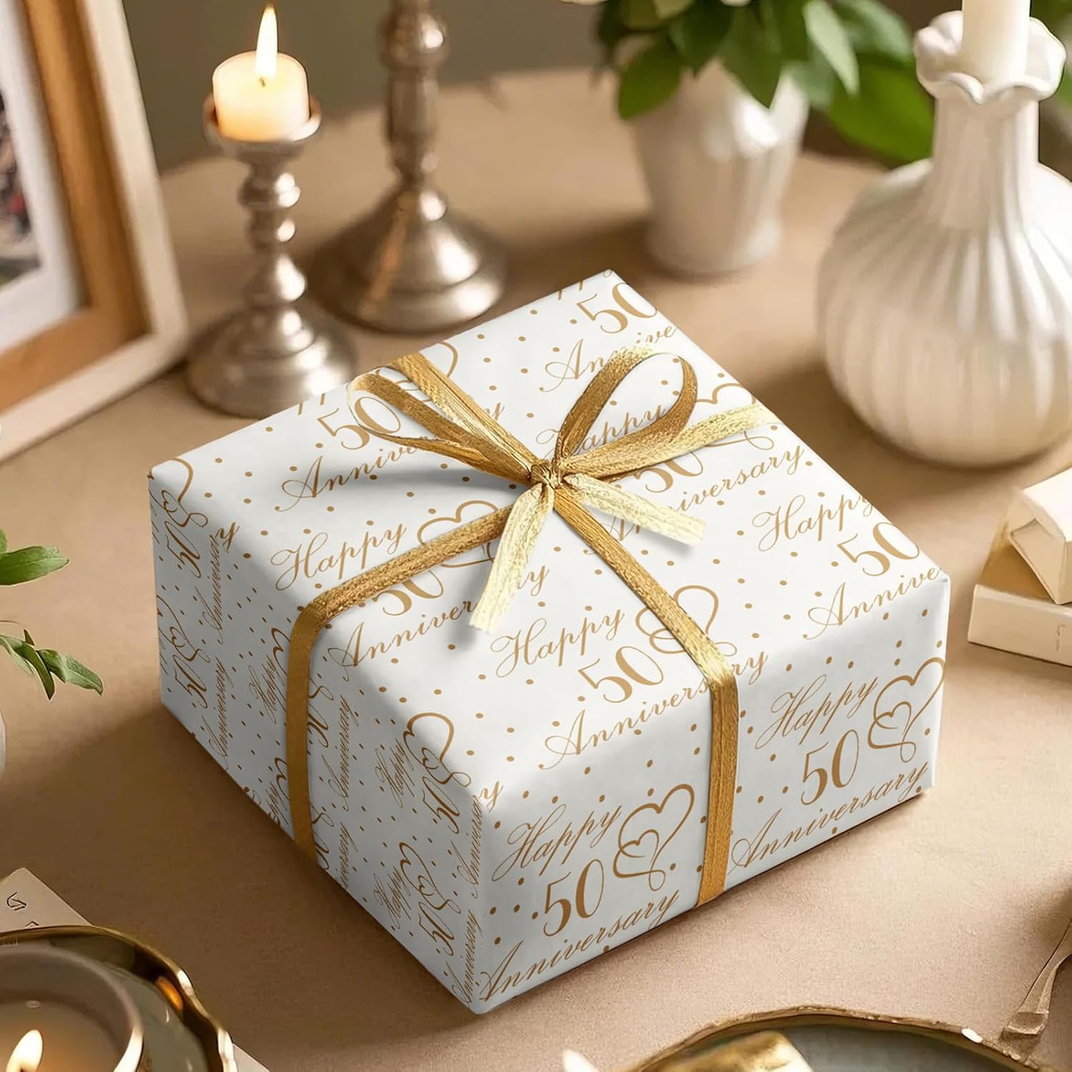 50Th Anniversary Wrapping Paper Roll For Golden Wedding, Mini Roll, Gold Happy 50 Anniversary Heart Gift Wrap For Wedding, Valentine'S Day Celebrations And More, 17 Inches X 16.4 Feet