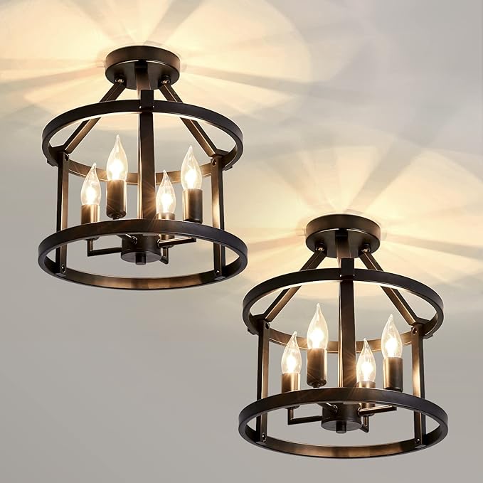 2 Pack Semi Flush Mount Ceiling Lights Farmhouse Black Metal Chandelier Fixtures