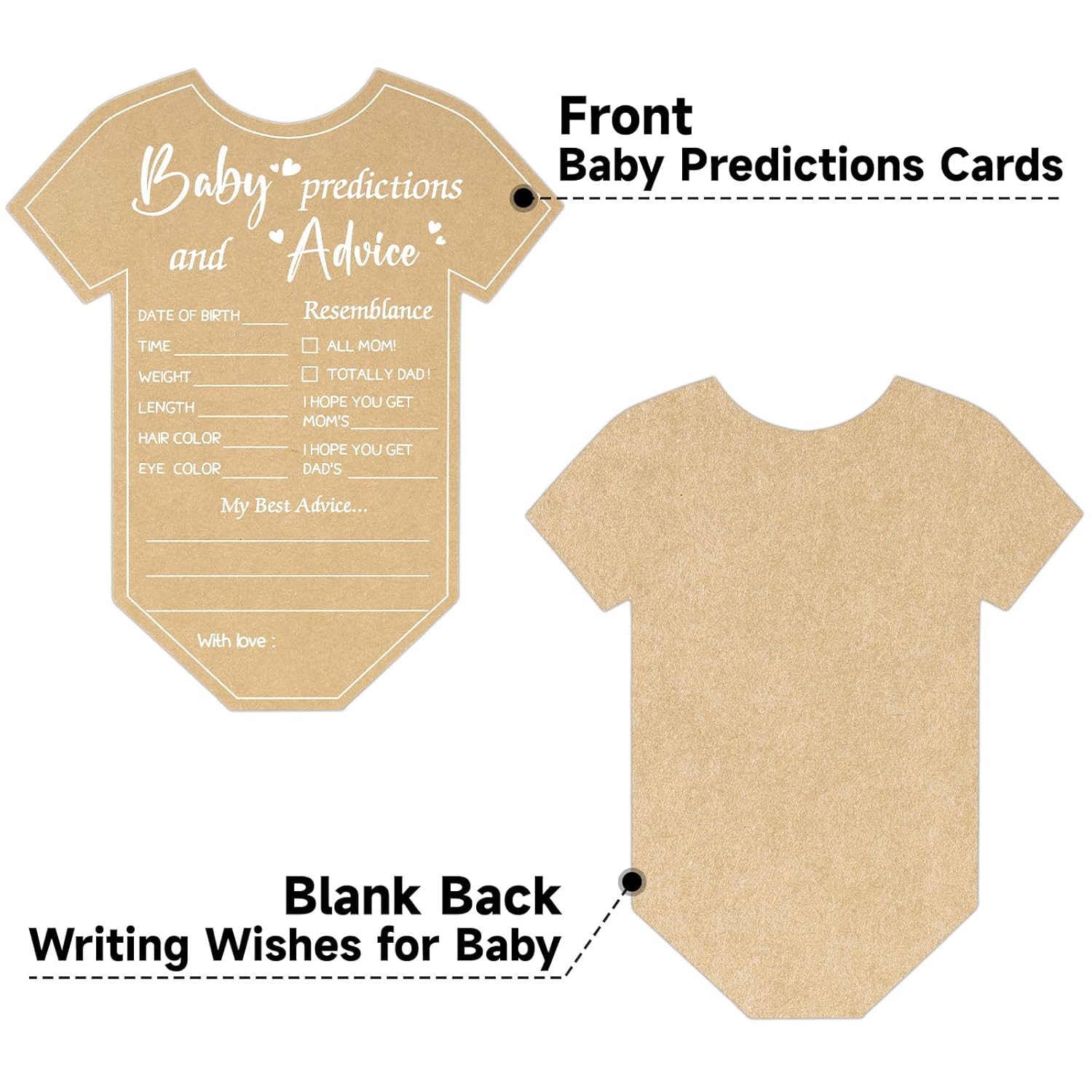 50Pcs Baby Advice Cards, Onesie Baby Shower Predictions And Advice Cards For Parents To Be, Wishes Card For New Parents, Gender Reveal Girls Boys Game Party Decorations(5.2X6In, Kraft, White)