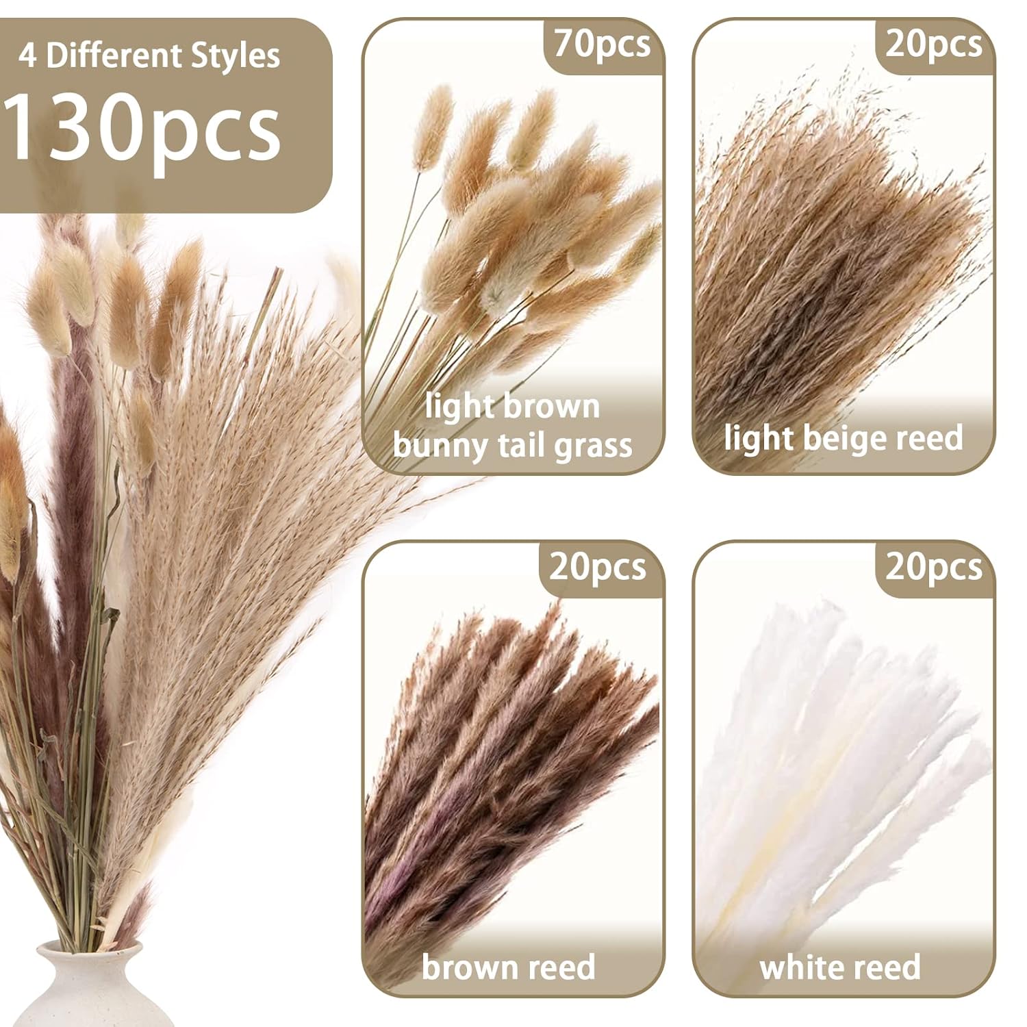130Pcs Dried Pampas Grass Bulks Fall Decor, 18" Natural Bunny Tail Grass, Boho Rustic Bouquet, Fall Decorations For Home, Farmhouse Table Vase & Wedding Decor