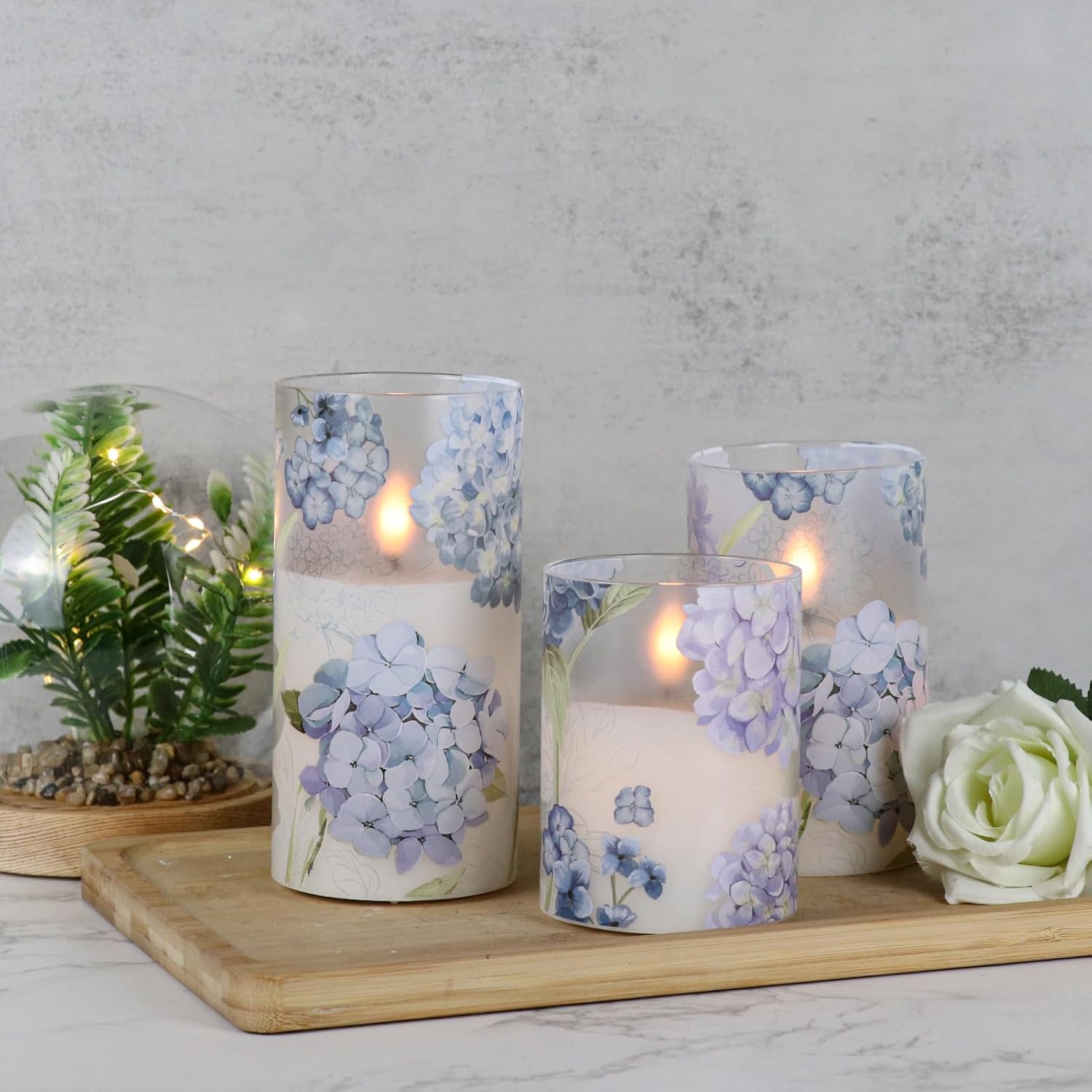 Hydrangea Glass Flameless Candles With Remote Timer Battery Operated Led Flickering Pillar Candles Real Wax Spring Dinner Christmas Holiday Decor D3 X H4, 5", 6"